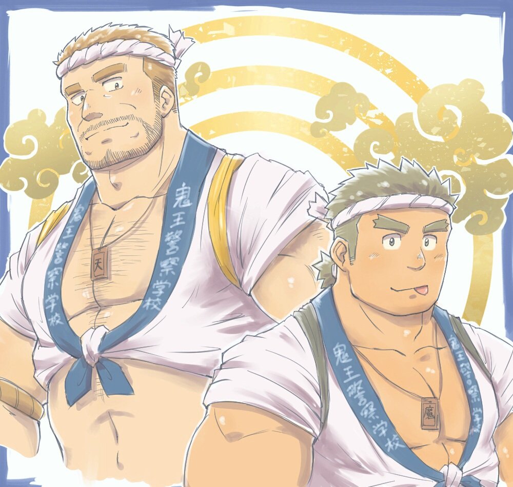 2boys :p bara bare_pecs blonde_hair brown_eyes character_request cropped_torso dark_skin dark_skinned_male facial_hair festival forked_eyebrows hachimaki happi headband jacket japanese_clothes jewelry light_brown_hair looking_at_viewer male_focus multiple_boys muscle necklace open_clothes open_jacket pectoral_focus pectorals short_hair sideburns sleeves_rolled_up stomach stubble tenjin_(tokyo_houkago_simmoners) tokyo_houkago_summoners tongue tongue_out upper_body yanutorie