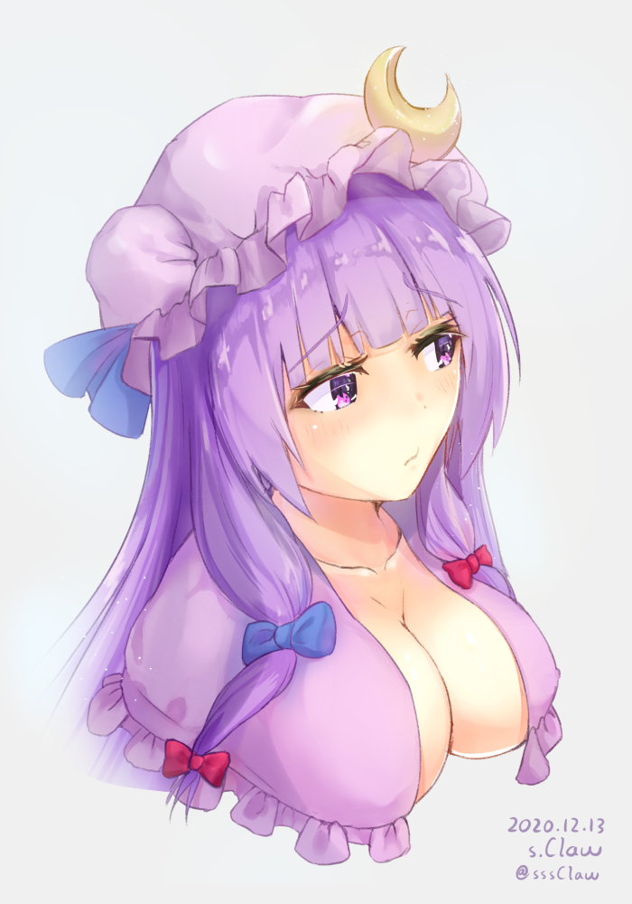 1girl bangs blue_bow blunt_bangs bow breasts cleavage crescent crescent_moon_pin hair_bow hat large_breasts long_hair looking_away mob_cap patchouli_knowledge purple_capelet purple_eyes purple_hair purple_headwear red_bow s.claw sidelocks simple_background solo touhou upper_body