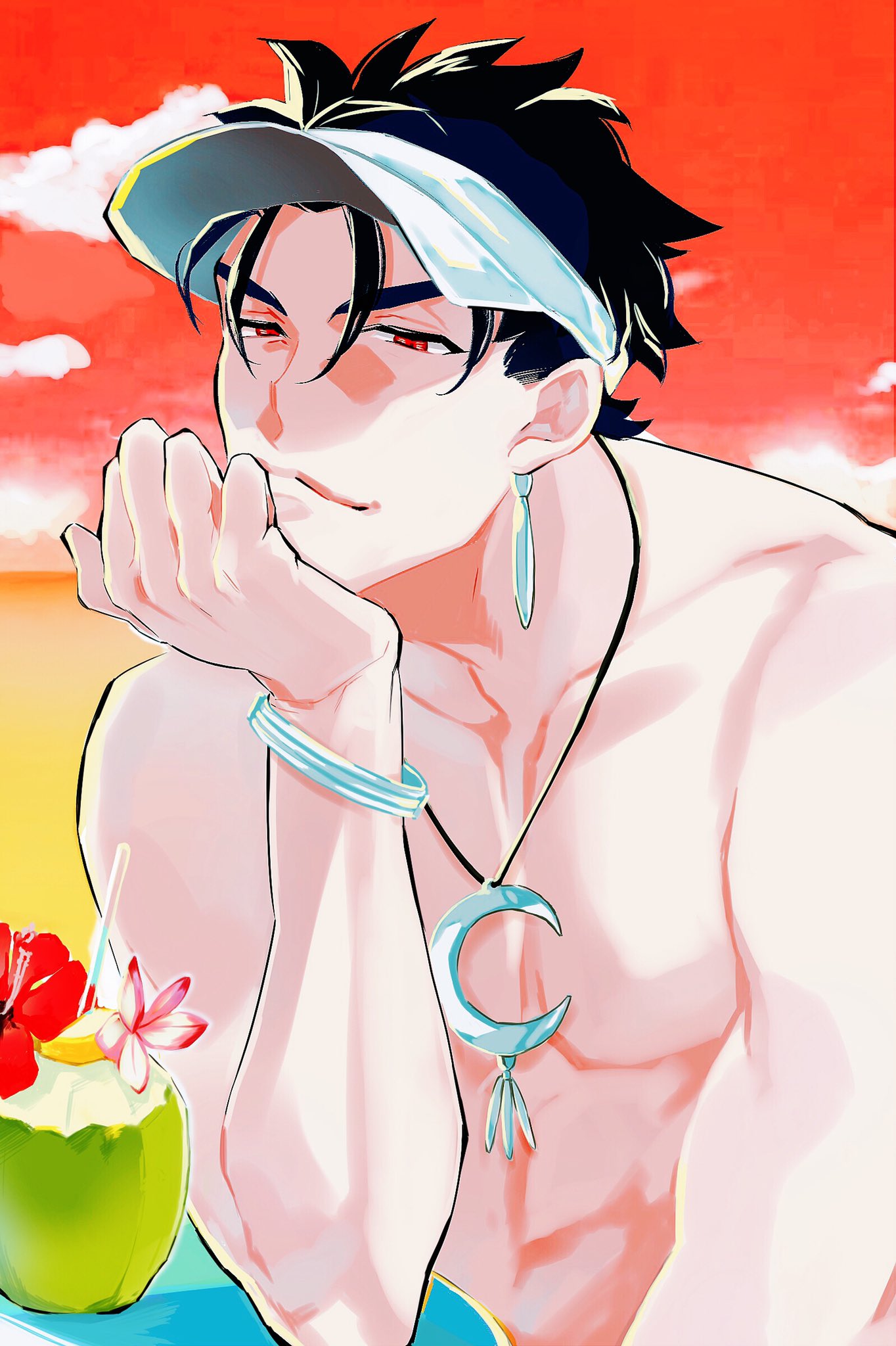 1boy bracelet closed_mouth cloud coconut crescent_necklace cu_chulainn_(fate)_(all) dark_blue_hair drinking_straw earrings fate/grand_order fate/stay_night fate_(series) flower head_rest hibiscus highres jewelry kiyo_ooom lancer looking_down male_focus muscle outdoors red_eyes shirtless short_hair sky smile solo spiked_hair sunset type-moon visor_cap