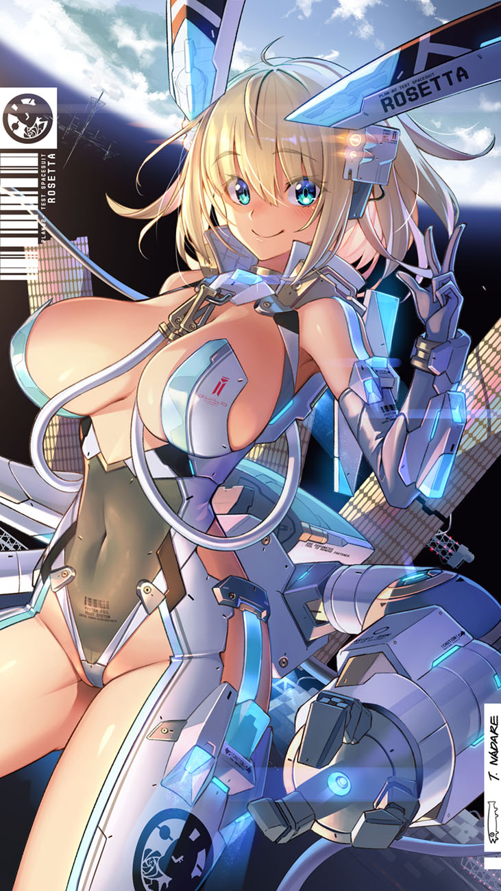 1girl ahoge artist_name bangs barcode barcode_tattoo blonde_hair blue_eyes blush breasts commentary_request covered_navel earth elbow_gloves feet_out_of_frame gloves groin headgear highres large_breasts mecha_musume nadare-san_(nadare3nwm) original pubic_tattoo satellite short_hair sidelocks smile solo space tattoo thighs v white_gloves
