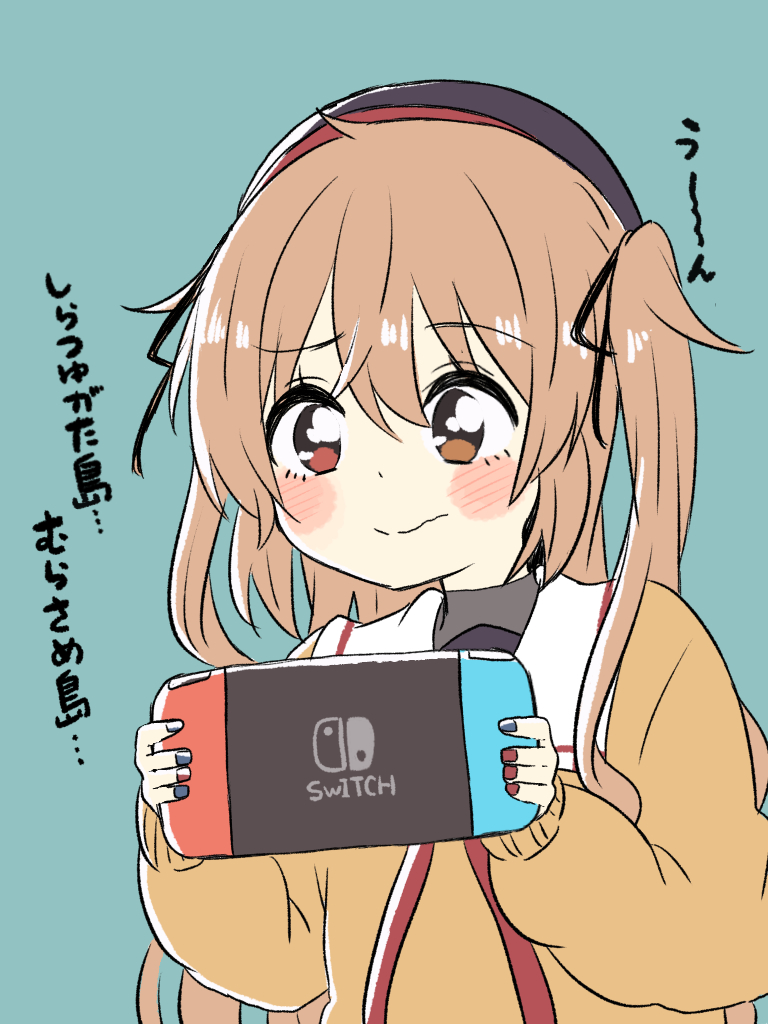 1girl beige_sweater brown_eyes green_background handheld_game_console heterochromia holding holding_handheld_game_console kantai_collection light_brown_hair long_hair multicolored multicolored_nails murasame_(kantai_collection) nail_polish nintendo_switch red_eyes remodel_(kantai_collection) ren_kun sailor_collar simple_background solo translation_request two_side_up upper_body white_sailor_collar