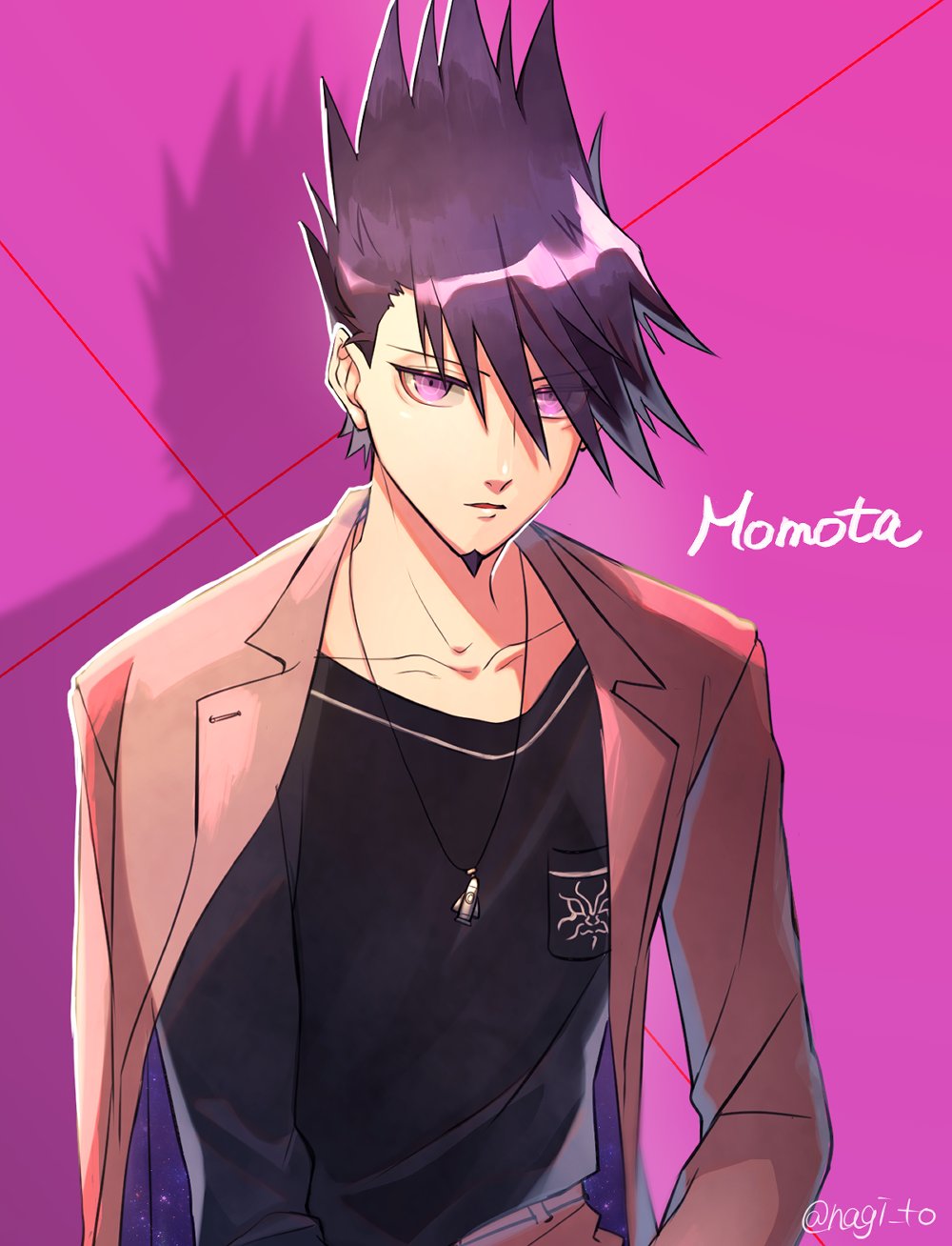 1boy bangs black_shirt black_skirt breast_pocket character_name collarbone commentary_request danganronpa facial_hair highres jacket jacket_on_shoulders jewelry long_sleeves looking_at_viewer male_focus momota_kaito nagi_to_(kennkenn) necklace new_danganronpa_v3 open_clothes open_jacket parted_lips pink_background pocket purple_eyes purple_hair shiny shiny_hair shirt short_hair skirt solo space_print spiked_hair starry_sky_print twitter_username upper_body