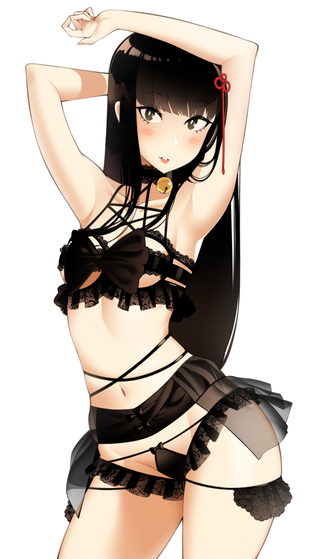 1girl armpits bangs black_bow black_bra black_eyes black_hair black_panties blunt_bangs blush bow bra bright_pupils commentary commission contrapposto cowboy_shot english_commentary hair_ribbon halphelt hands_above_head hands_up long_hair looking_at_viewer miniskirt navel panties parted_lips persona persona_5 red_ribbon revealing_clothes ribbon see-through_skirt showgirl_skirt simple_background skirt smile solo tougou_hifumi underwear white_background white_pupils