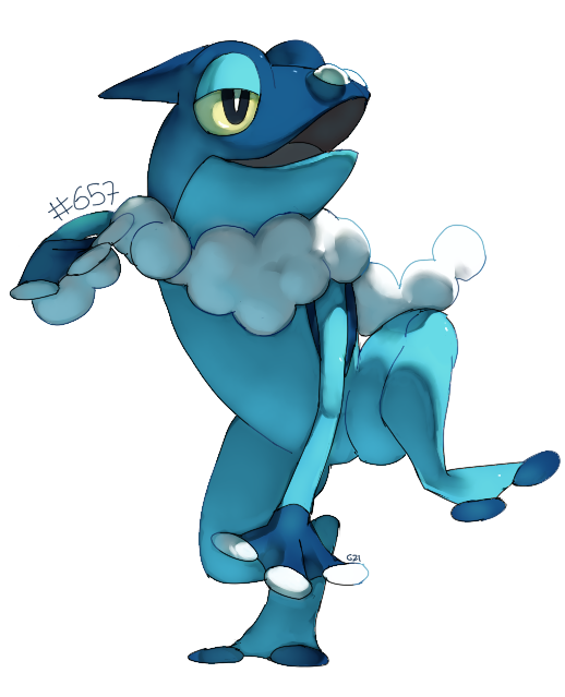 black_eyes blue_theme commentary creature english_commentary frogadier full_body gen_6_pokemon no_humans number open_mouth pinkgermy pokedex_number pokemon pokemon_(creature) solo standing standing_on_one_leg transparent_background