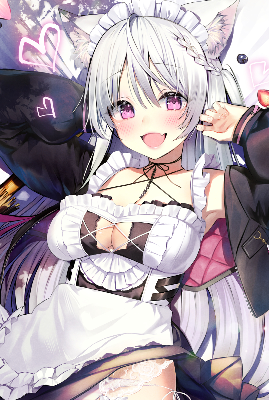 1girl :d animal_ear_fluff animal_ears apron armpits asagi_yuna bare_shoulders black_dress black_jacket braid breasts cat_ears choker cleavage cleavage_cutout clothing_cutout cowboy_shot criss-cross_halter cropped_jacket dress fang frilled_apron frills halterneck highres jacket large_breasts long_hair long_sleeves looking_at_viewer maid maid_apron maid_headdress off_shoulder open_clothes open_jacket open_mouth original purple_eyes silver_hair sleeveless sleeveless_dress smile solo two_side_up