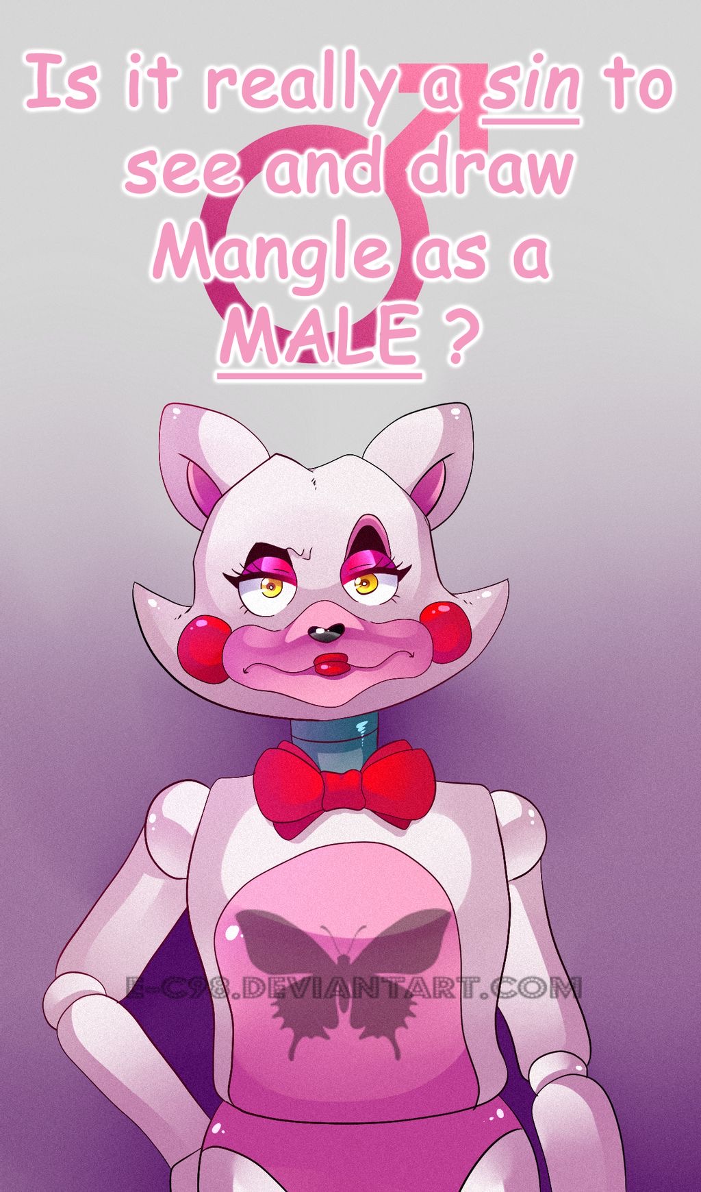 2015 animatronic annoyed anthro bow_tie canid canine comic_sans dialogue e-c98 english_text fandom five_nights_at_freddy's five_nights_at_freddy's_2 fox girly hand_on_hip hi_res lipstick looking_at_viewer machine makeup male mammal mangle_(fnaf) multicolored_body red_cheeks robot solo text the_truth video_games watermark white_body yellow_eyes