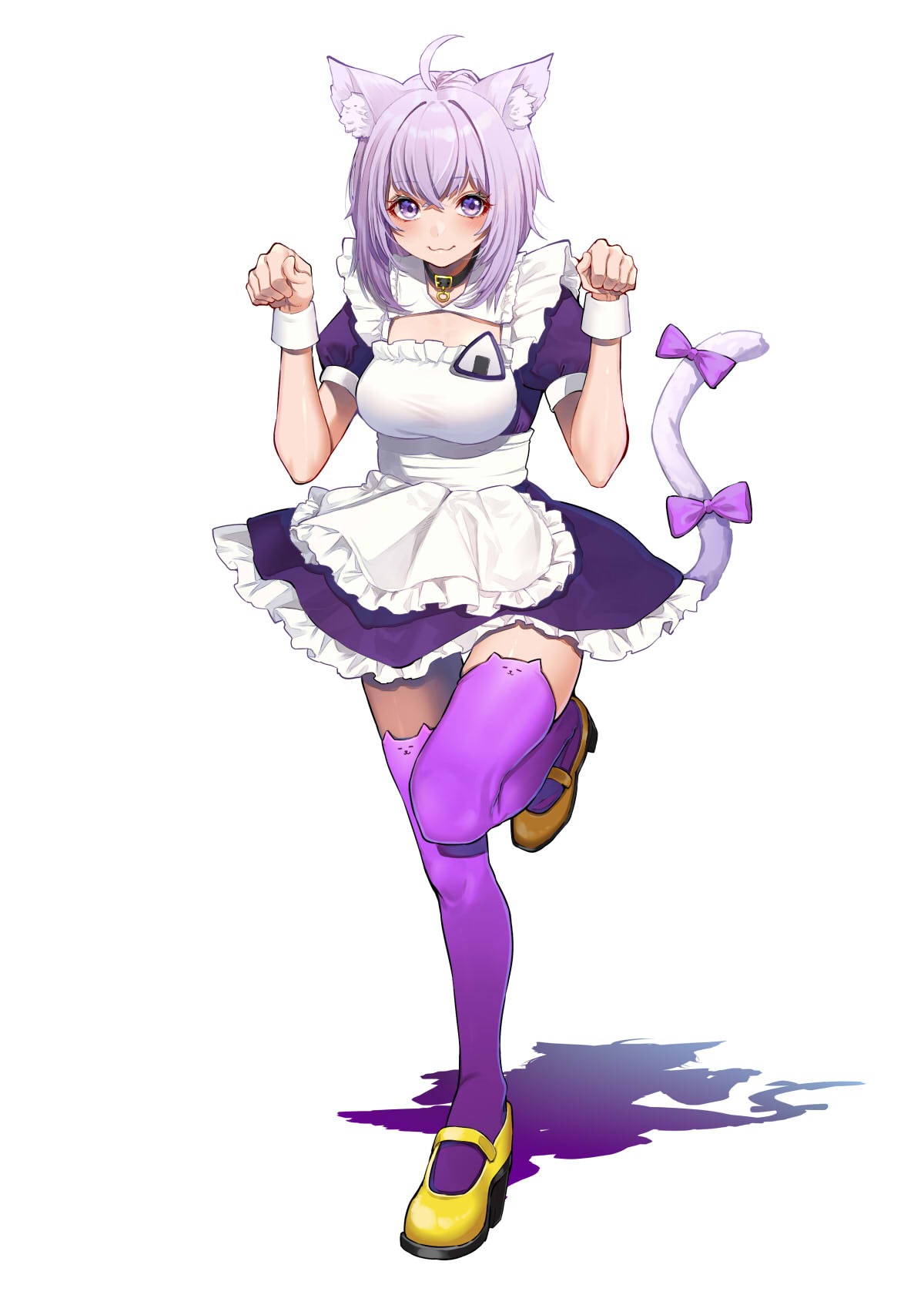 1girl :3 ahoge animal_band_legwear animal_ear_fluff animal_ears apron breasts cat_band_legwear cat_ears cat_girl cat_tail closed_mouth collar commentary_request highres hololive large_breasts maid maid_apron mikan_(chipstar182) nekomata_okayu paw_pose purple_eyes purple_hair purple_legwear shadow short_hair solo tail thighhighs virtual_youtuber yellow_footwear