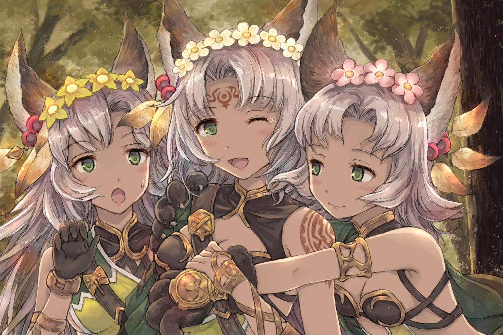 3girls :o ;d animal_ear_fluff animal_ears bangs bare_shoulders black_gloves blush breasts cleavage closed_mouth commentary_request dark_skin day erune facial_mark felluca flower forehead_mark forest fur-trimmed_gloves fur_trim gloves granblue_fantasy green_eyes grey_hair hair_flower hair_ornament long_hair melleau multiple_girls nature nemone one_eye_closed open_mouth outdoors parted_bangs paw_gloves paws pink_flower small_breasts smile tree upper_body white_flower yakka yellow_flower