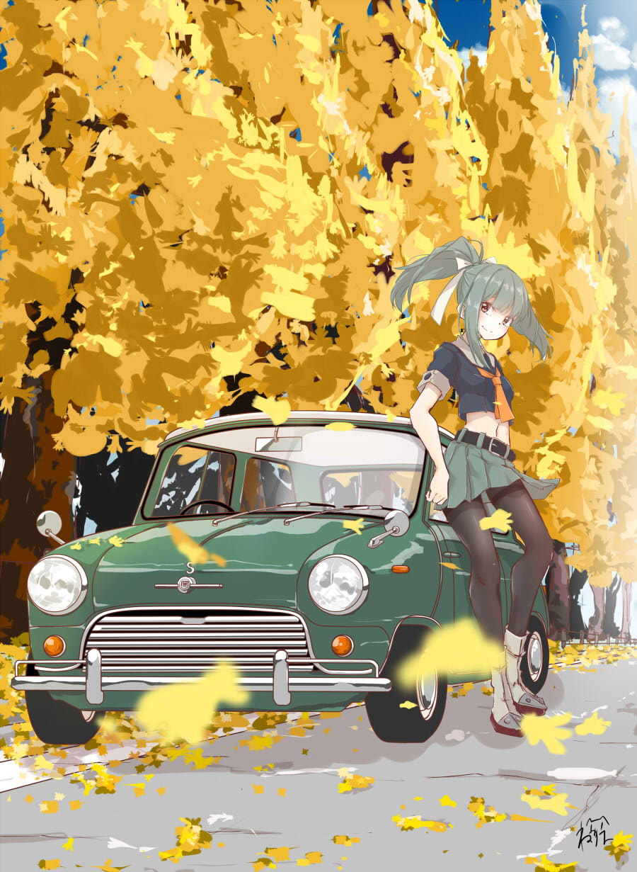 1girl autumn_leaves belt black_belt black_legwear car commentary_request ginkgo_leaf green_skirt grey_hair ground_vehicle hair_ribbon highres kantai_collection midriff mini_cooper motor_vehicle navel necktie neve orange_neckwear pantyhose pleated_skirt remodel_(kantai_collection) ribbon rudder_footwear school_uniform serafuku skirt solo white_ribbon yuubari_(kantai_collection)