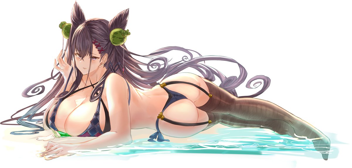 1girl ass back bangs bare_shoulders bikini blush breasts brown_hair brown_legwear cleavage collarbone double_bun fate/grand_order fate_(series) garter_straps hair_ornament large_breasts legs long_hair looking_at_viewer lying murasaki_shikibu_(fate) purple_bikini purple_eyes swimsuit thighhighs two_side_up very_long_hair yatsuka_(846)