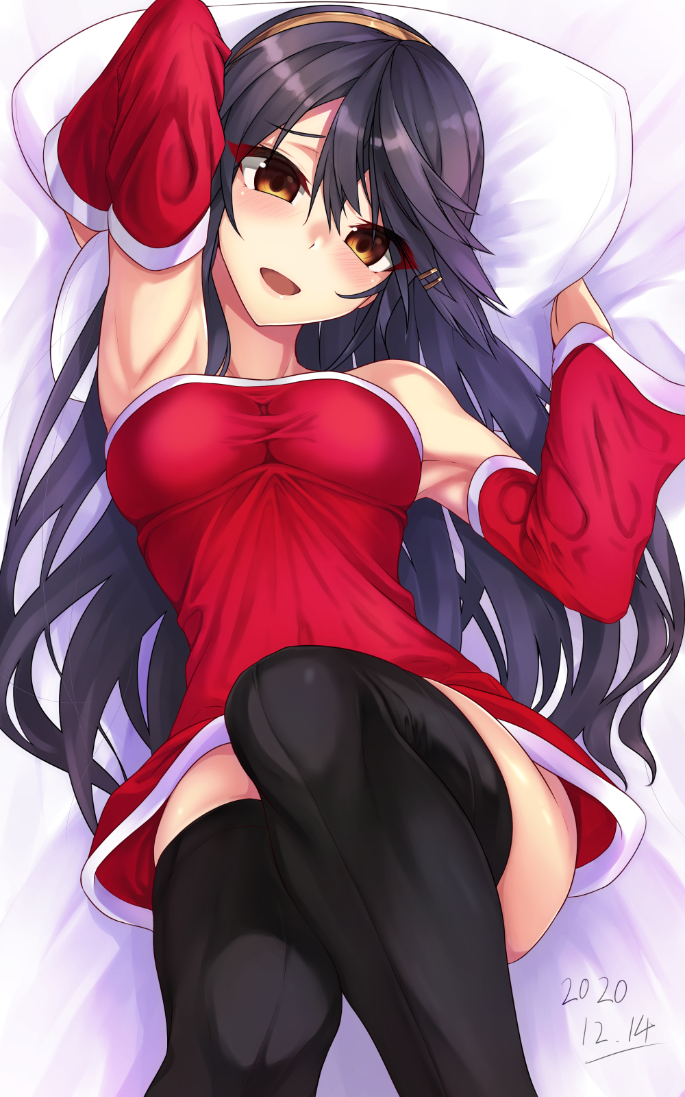 1girl :d alternate_costume armpits arms_up bangs bare_shoulders bed_sheet black_hair black_legwear blush breasts brown_hairband carmine_(ucdio) commentary_request dated detached_sleeves dress eyebrows_visible_through_hair hair_ornament hairband hairclip haruna_(kantai_collection) head_tilt highres kantai_collection legs_up long_hair long_sleeves looking_at_viewer lying medium_breasts on_back on_bed open_mouth pillow red_dress red_eyes santa_costume sheet_grab short_dress smile solo thighhighs very_long_hair