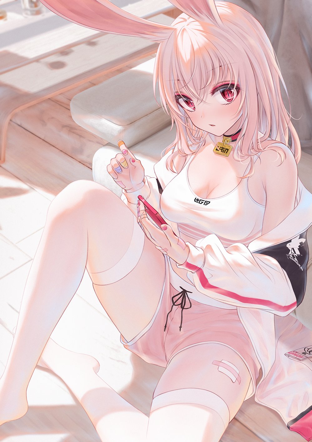 1girl bae.c bandaged_fingers bandages bandaid bandaid_on_leg bangs bare_shoulders breasts cellphone cleavage crop_top eyebrows_visible_through_hair hair_between_eyes highres holding holding_phone jacket knee_up lirin_(bae.c) long_hair long_sleeves medium_breasts nail_polish no-shio off_shoulder open_clothes open_jacket parted_lips phone pink_nails pink_shorts puffy_long_sleeves puffy_sleeves red_eyes short_shorts shorts silver_hair sitting solo tank_top thighhighs tsumi_no_hahen_(debris) white_jacket white_legwear white_tank_top