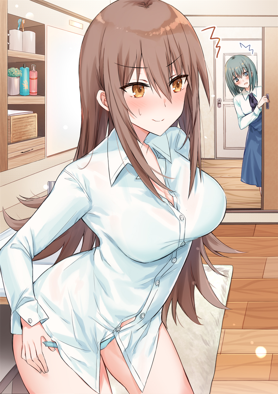/\/\/\ 2girls bangs black_bow blue_panties blue_skirt blush bow breasts brown_eyes brown_hair closed_mouth collared_shirt commentary_request dress_shirt eyebrows_visible_through_hair green_eyes green_hair hair_between_eyes high-waist_skirt highres indoors kinona leaning_forward long_hair medium_breasts multiple_girls original panties shirt skirt standing sweat underwear v-shaped_eyebrows very_long_hair white_shirt wooden_floor