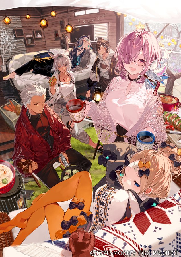 1other 2boys 3girls abigail_williams_(fate/grand_order) animal animal_ears archer bandaid bandaid_on_face bangs black_bow black_pants blonde_hair blue_eyes blush bow breasts brown_hair caenis_(fate) carpet christmas cleavage closed_mouth collar copyright_name couch cup dark_skin drink english_text fate/grand_order fate_(series) food fou_(fate/grand_order) glasses green_eyes grey_pants hair_bow hair_ornament hair_over_one_eye holding holding_cup holding_food hood hood_down hotosoka_(user_nxja5583) indoors interior jacket lamp lantern large_breasts long_hair long_sleeves looking_at_viewer lying mandricardo_(fate/grand_order) mash_kyrielight medium_hair multicolored_hair multiple_boys multiple_girls on_back one_eye_closed open_mouth orange_bow orange_legwear pants pantyhose parted_bangs pink_hair purple_eyes qin_shi_huang_(fate/grand_order) red_jacket shirt short_hair sitting smile standing stuffed_animal stuffed_toy type-moon white_hair