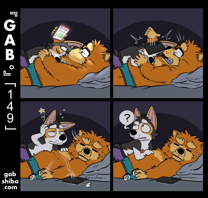 ? anthro bed black_body black_fur boxer_briefs canid canine canis cellphone chow_chow clothing comic confusion cuddling domestic_dog dropping_object duo eyes_closed eyewear faking_sleep fur furniture gabshiba glasses green_clothing green_underwear herding_dog holding_cellphone holding_object holding_phone male male/male mammal orange_body orange_fur pain pastoral_dog phone pillow purple_clothing purple_underwear romantic_couple sleeping spitz startled underwear wang_chow welsh_corgi
