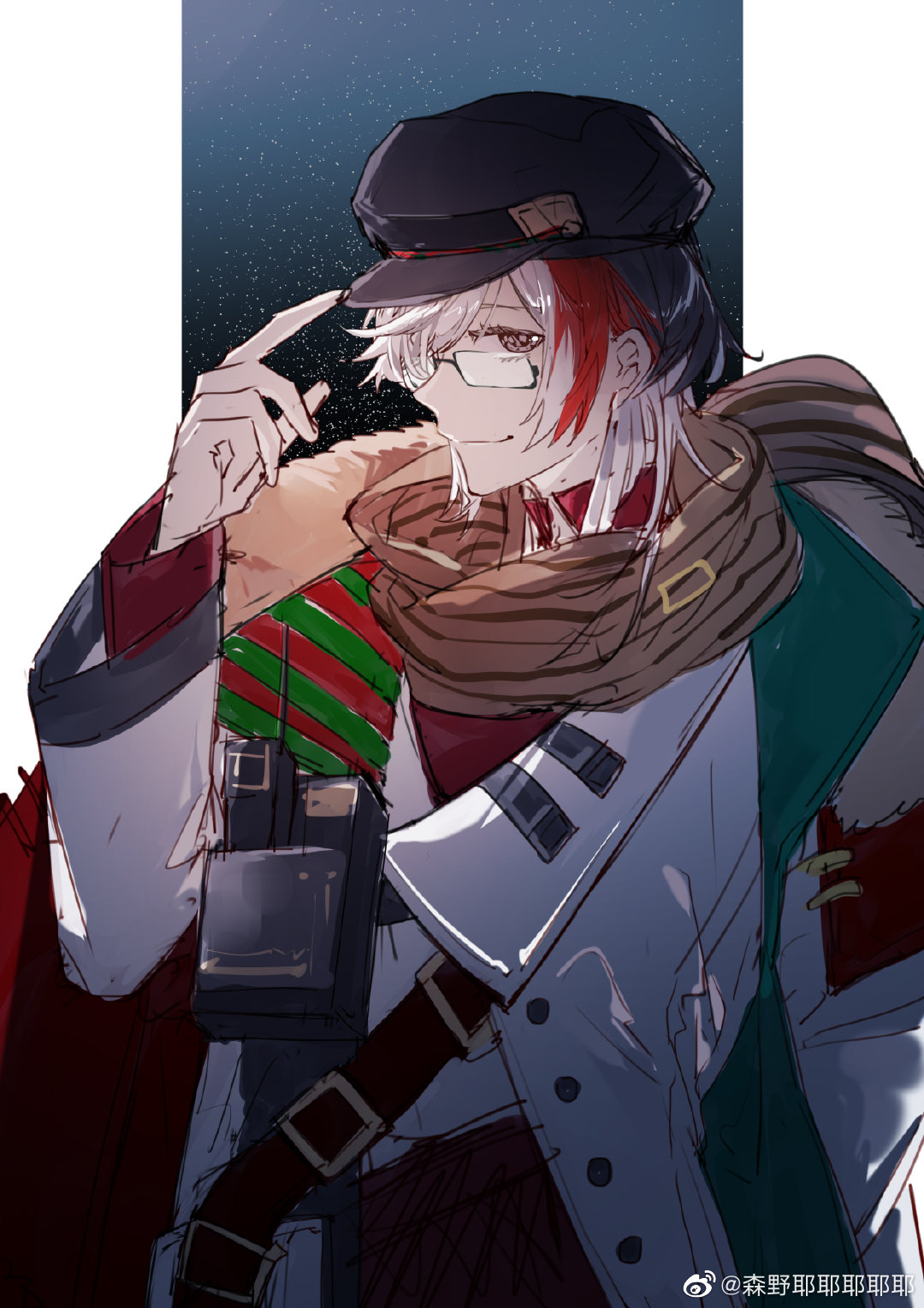 1boy arknights brown_scarf chinese_commentary coat elysium_(arknights) elysium_(winter_echo)_(arknights) fur_trim glasses hand_up hat highres index_finger_raised multicolored_hair official_alternate_costume open_clothes red_eyes red_hair scarf semi-rimless_eyewear senye_yeyeyeyeye short_hair smile solo standing streaked_hair upper_body walkie-talkie weibo_username white_coat white_hair