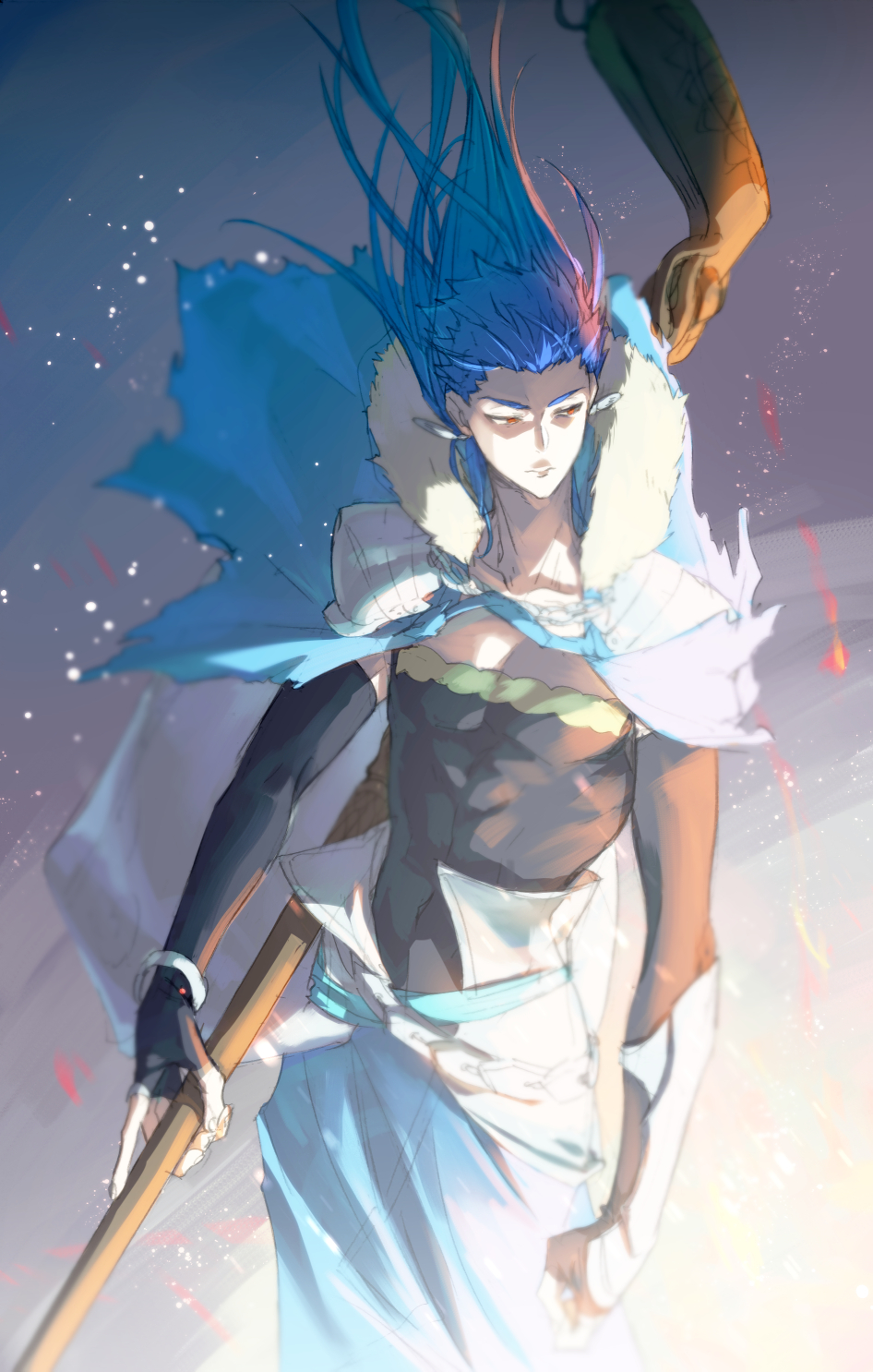 1boy belt blue_hair bracelet capelet closed_mouth cu_chulainn_(fate)_(all) cu_chulainn_(fate/grand_order) earrings elbow_gloves expressionless fate/grand_order fate_(series) fire floating_hair fur-trimmed_hood fur_trim gloves highres holding holding_staff hood hood_down hood_up hooded_capelet jewelry long_hair looking_to_the_side male_focus muscle namo pectorals red_eyes skin_tight solo spiked_hair staff type-moon vambraces wooden_staff