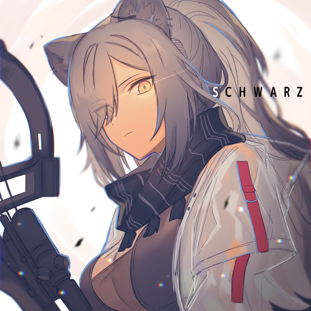 1girl animal_ears arknights bangs black_scarf bow_(weapon) breasts cat_ears character_name cleavage closed_mouth commentary crossbow earpiece expressionless eyes_visible_through_hair jacket long_hair looking_at_viewer medium_breasts open_clothes open_jacket parted_bangs ponytail scarf schwarz_(arknights) see-through sg_m_05 silver_hair simple_background solo upper_body weapon white_background white_jacket yellow_eyes