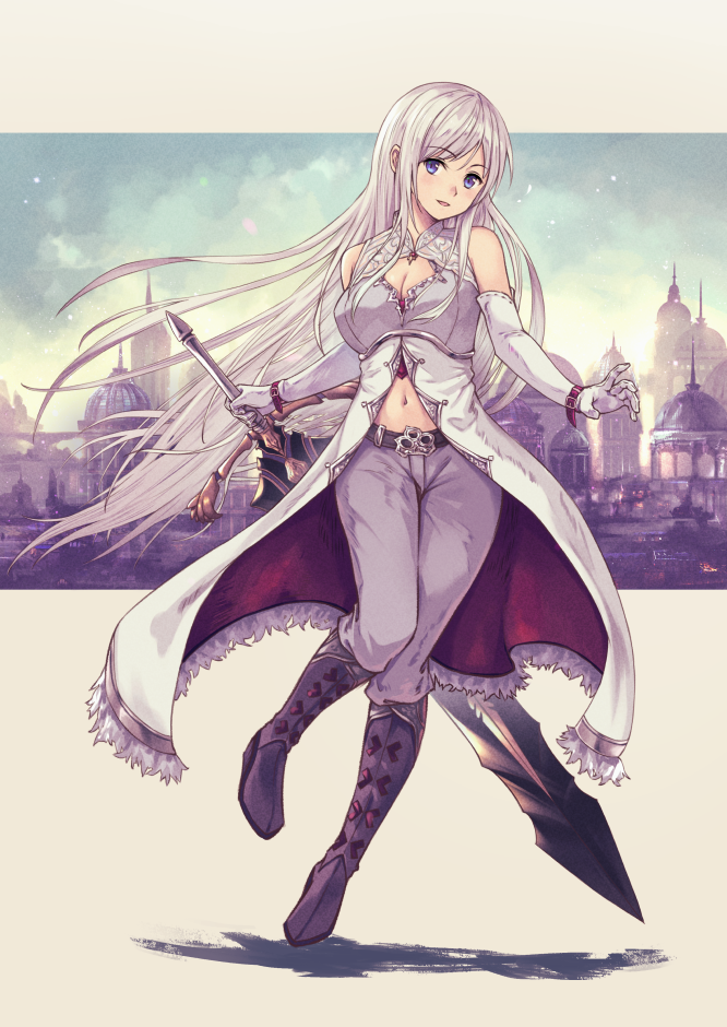 1girl bare_shoulders belt blue_eyes blush boots breasts cleavage cleavage_cutout clothing_cutout cloud cloudy_sky elbow_gloves eyebrows_visible_through_hair fur_trim gloves holding holding_sword holding_weapon long_hair navel open_hand original ouka_(ra-raradan) parted_lips sky smile solo sword very_long_hair weapon white_gloves white_hair