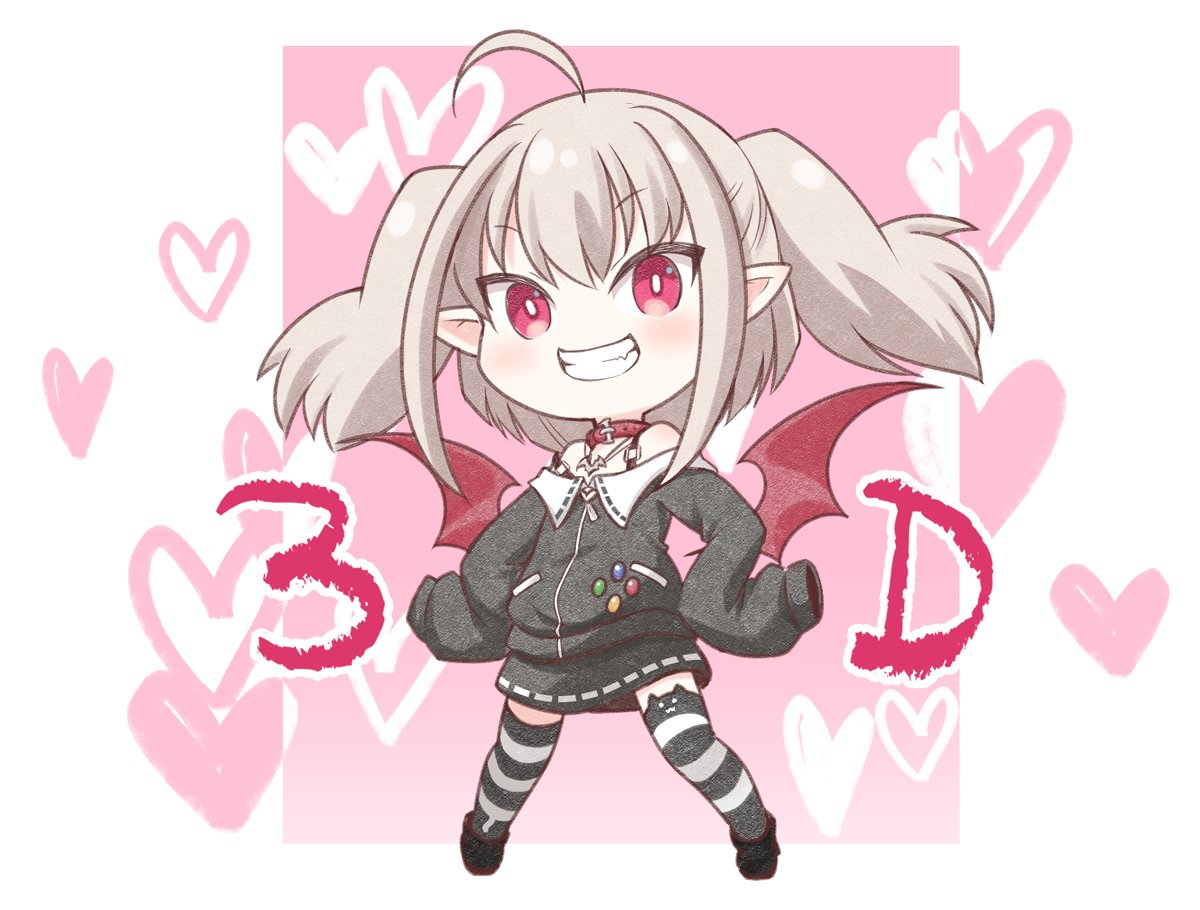 1girl ahoge animal_band_legwear bangs bare_shoulders black_footwear black_jacket black_skirt brown_hair cat_band_legwear chibi collar commentary_request demon_wings eyebrows_visible_through_hair full_body grin hands_on_hips heart jacket kadose_ara long_sleeves looking_at_viewer makaino_ririmu mismatched_legwear nijisanji off-shoulder_jacket pink_background pointy_ears red_collar red_eyes red_wings ribbon-trimmed_skirt ribbon_trim shoes skirt sleeves_past_fingers sleeves_past_wrists smile solo striped striped_legwear thighhighs two-tone_background two_side_up v-shaped_eyebrows virtual_youtuber white_background wings