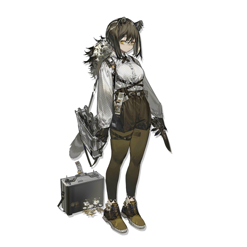1girl animal_ears arknights azling bangs black_gloves black_hair black_shorts briefcase brown_footwear full_body gloves holding holding_knife holding_weapon knife leggings long_hair long_sleeves looking_at_viewer official_art raccoon_ears raccoon_tail robin_(arknights) shirt shoes shorts solo standing tail transparent_background weapon white_shirt yellow_eyes