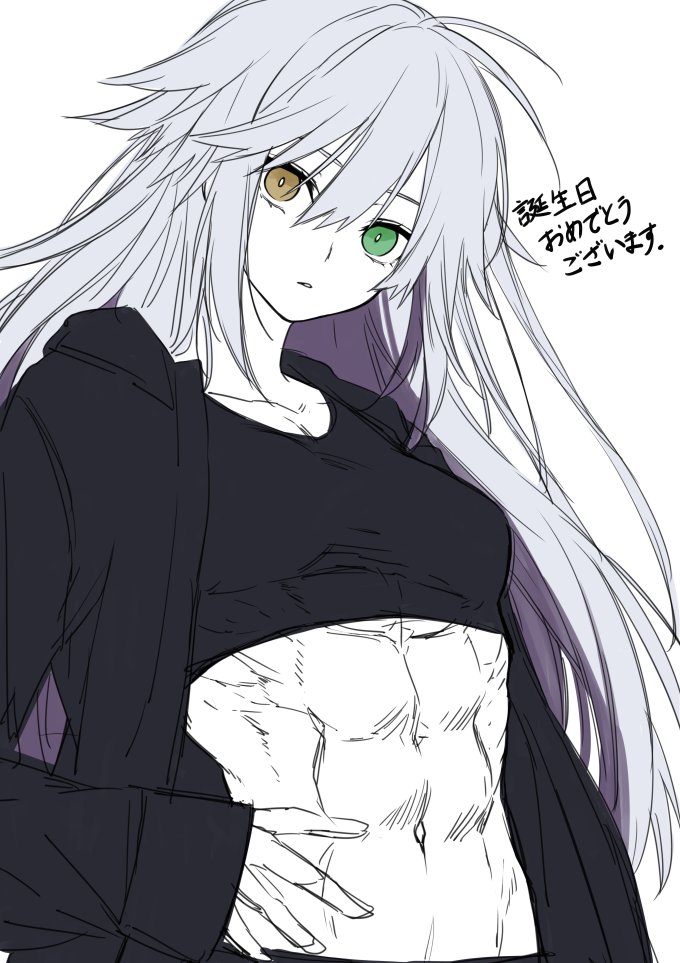 1girl abs breasts coat commentary_request crop_top dodome_ichika gift_art green_eyes hair_between_eyes heterochromia long_sleeves looking_at_viewer messy_hair midriff muscle muscular_female navel original ribs silver_hair simple_background small_breasts solo translation_request upper_body waka_(shark_waka) white_background yellow_eyes
