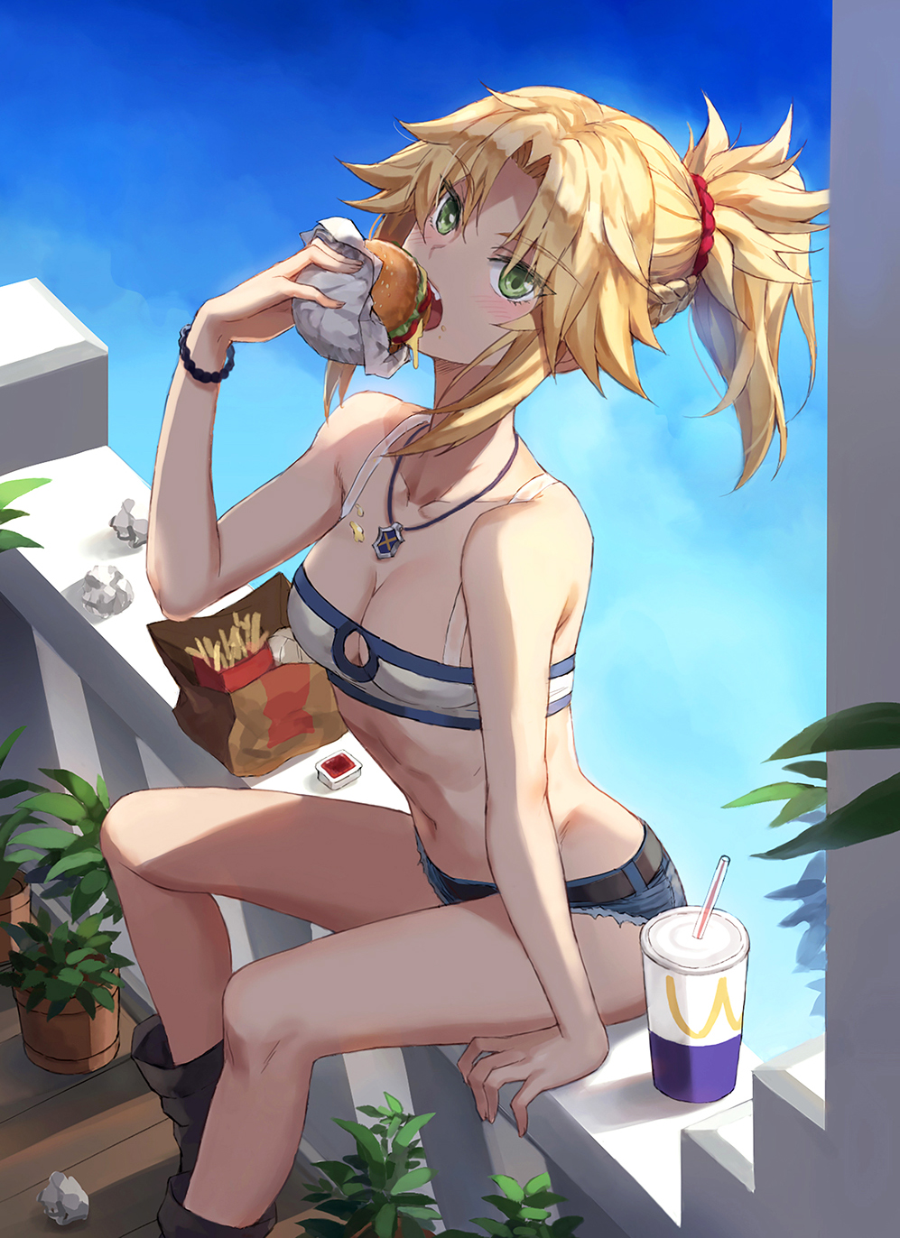 1girl bag balcony bandeau bangs bare_arms bare_shoulders belt black_footwear blonde_hair blue_sky boots braid breasts collarbone commentary_request cup cutoffs day denim denim_shorts drinking_straw eating fast_food fate/apocrypha fate_(series) food french_braid french_fries green_eyes hair_ornament hair_scrunchie hamburger highres holding holding_food jewelry long_hair looking_at_viewer mordred_(fate) mordred_(fate)_(all) navel necklace open_mouth paper_bag parted_bangs ponytail red_scrunchie scrunchie short_shorts shorts sidelocks sitting sky small_breasts solo stomach tonee wcdonalds