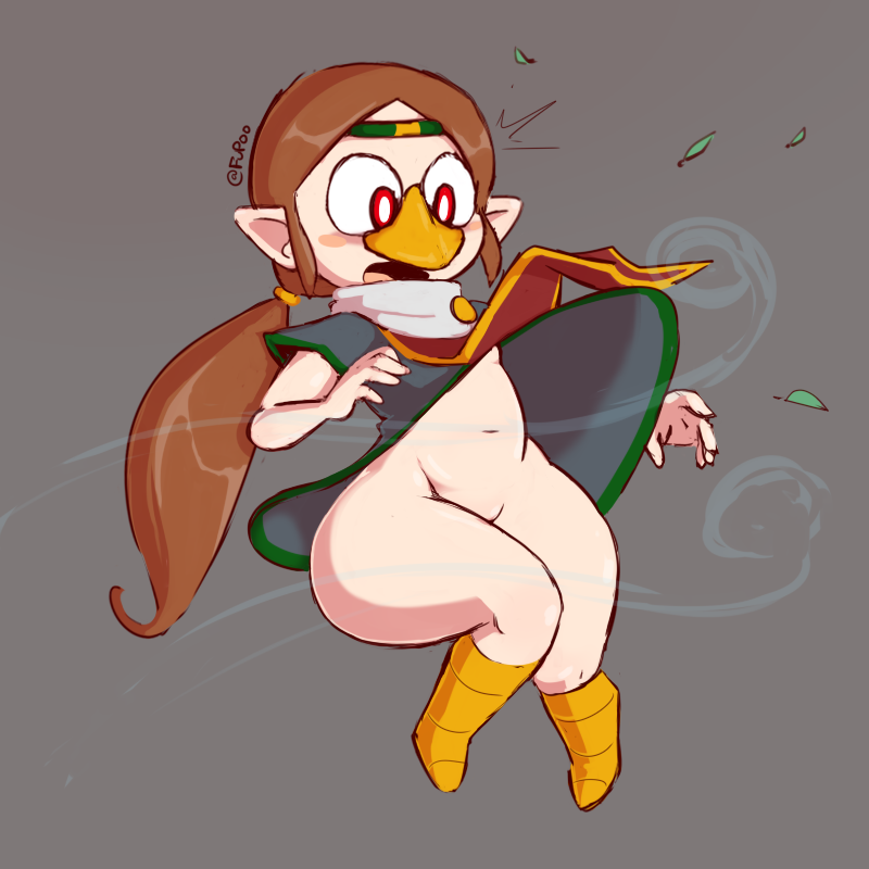 1:1 2020 avian beak bottomless brown_hair clothed clothing dress female fupoo hair humanoid_pointy_ears medli midriff nintendo no_underwear rito simple_background solo the_legend_of_zelda thick_thighs upskirt video_games wide_hips wind_waker