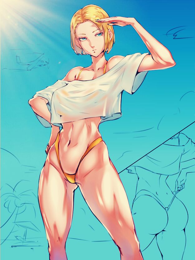 1girl android_18 bikini blonde_hair blue_eyes blue_sky breasts collage commentary_request crop_top crop_top_overhang day dragon_ball dragon_ball_z forehead hand_on_hip kyuuakaku large_breasts lowleg lowleg_bikini navel off-shoulder_shirt off_shoulder oversized_clothes shading_eyes shirt short_hair sketch sky solo swimsuit thick_thighs thighs wet wet_clothes wet_shirt wet_t-shirt yellow_bikini