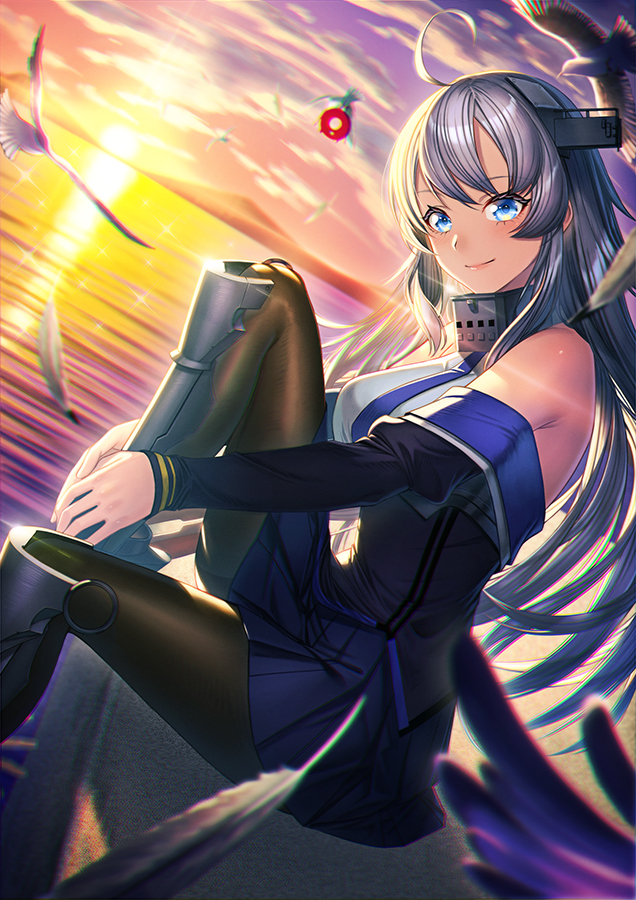 1girl 1other abyssal_ship ahoge animal bare_shoulders bird black_legwear blue_eyes blue_neckwear blue_skirt closed_mouth enemy_lifebuoy_(kantai_collection) feathers hair_between_eyes headgear kantai_collection long_hair long_sleeves necktie pantyhose pleated_skirt seagull silver_hair skirt smile sunset unowen washington_(kantai_collection)