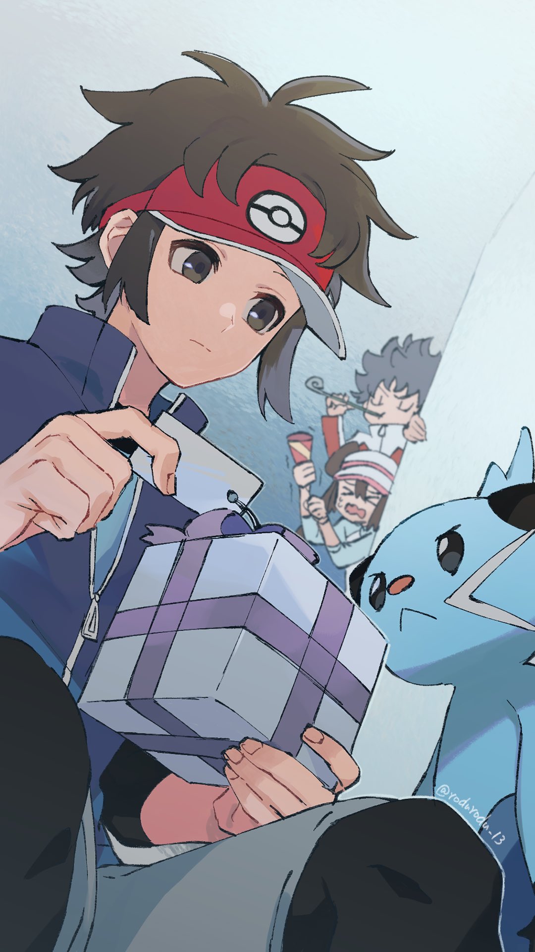 &gt;_&lt; 1girl 2boys bangs black_legwear blue_jacket box brown_hair closed_eyes closed_mouth commentary_request dewott expressionless fingernails gen_5_pokemon gift gift_box grey_shorts highres holding hugh_(pokemon) jacket label leggings mouth_hold multiple_boys nate_(pokemon) parted_bangs party_horn party_popper peeking_out pokemon pokemon_(creature) pokemon_(game) pokemon_bw2 purple_ribbon red_headwear ribbon rosa_(pokemon) rozu_ki shorts visor_cap wavy_mouth zipper_pull_tab