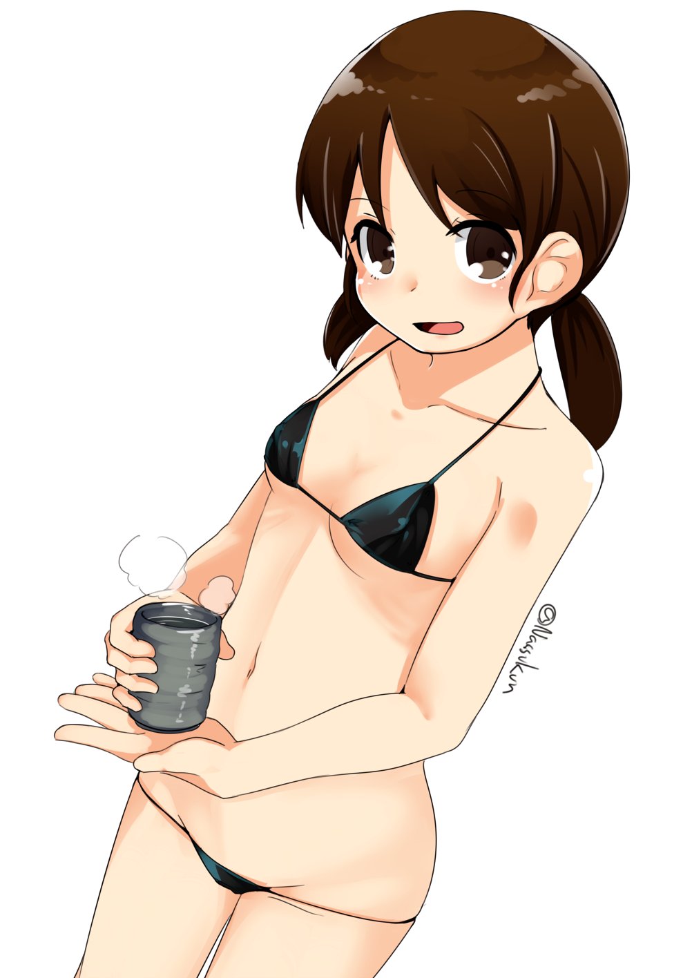 1girl bangs bikini black_bikini brown_eyes brown_hair cup flat_chest highres kantai_collection long_hair looking_at_viewer low_twintails lowleg lowleg_bikini nassukun parted_bangs shirayuki_(kantai_collection) short_twintails simple_background solo standing swimsuit twintails twitter_username white_background yunomi