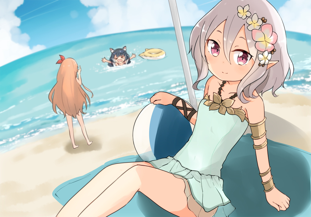 &gt;_&lt; 3girls animal_ears armlet arms_up asphyxiation ball bangs barashiya beach beach_towel beach_umbrella beachball black_hair blue_sky blurry blurry_background bracelet brown_hair cat_ears closed_mouth cloud cloudy_sky commentary concetta_(pokemon) day depth_of_field drowning flower frilled_swimsuit frills green_swimsuit hair_flower hair_ornament hair_ribbon halterneck horizon innertube jewelry karyl_(princess_connect!) kokkoro_(princess_connect!) long_hair looking_at_viewer multiple_girls ocean one-piece_swimsuit outdoors pointy_ears princess_connect! princess_connect!_re:dive purple_eyes red_ribbon ribbon short_hair silver_hair sitting sky smile standing swimsuit towel umbrella