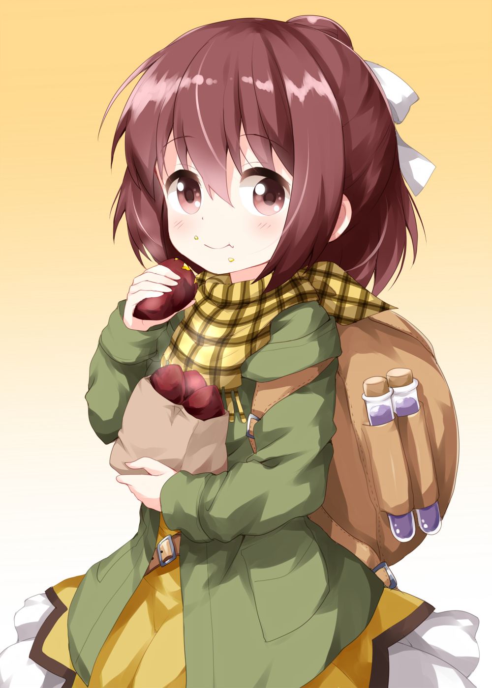 1girl anima_yell! backpack bag bangs brown_eyes brown_hair chewing cowboy_shot dress eating eyebrows_visible_through_hair food food_on_face gradient gradient_background green_jacket hair_between_eyes hair_bun hair_ribbon highres holding holding_food jacket kirara_fantasia light_blush looking_at_viewer plaid plaid_scarf raised_eyebrows ribbon ruu_(tksymkw) scarf short_hair solo sweet_potato tatejima_kotetsu test_tube vial yakiimo yellow_dress yellow_scarf