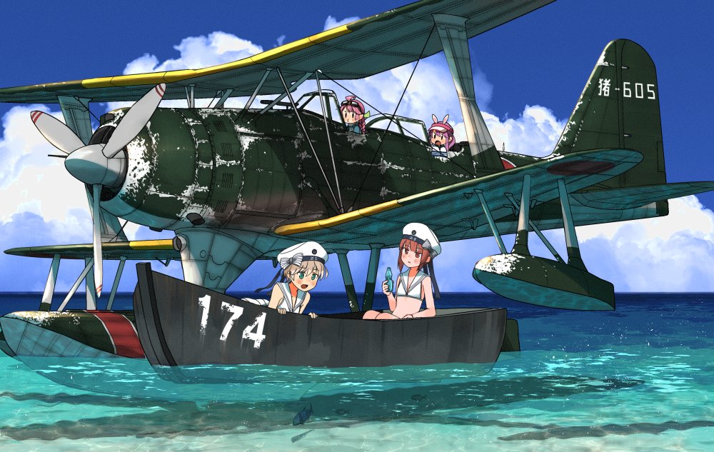 4girls aircraft aircraft_request airplane annin_musou bikini blonde_hair blue_eyes blue_sky cloud fairy_(kantai_collection) goggles goggles_on_head hat kantai_collection multiple_girls ocean seaplane sky swimsuit water z1_leberecht_maass_(kantai_collection) z3_max_schultz_(kantai_collection)