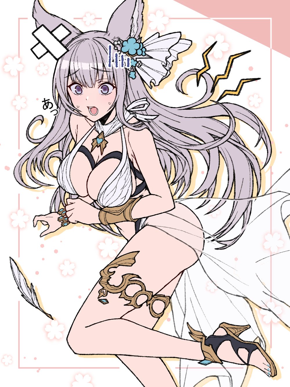 1girl animal_ears bandaid breasts cleavage commentary dress erune eyebrows_visible_through_hair feathers floral_background flower gold_footwear granblue_fantasy hair_flower hair_ornament high_heels highres korwa large_breasts ll_0109 long_hair open_mouth purple_eyes sandals see-through see-through_skirt showgirl_skirt silver_hair simple_background skirt solo sweatdrop thighlet thighs vambraces white_background white_dress white_skirt