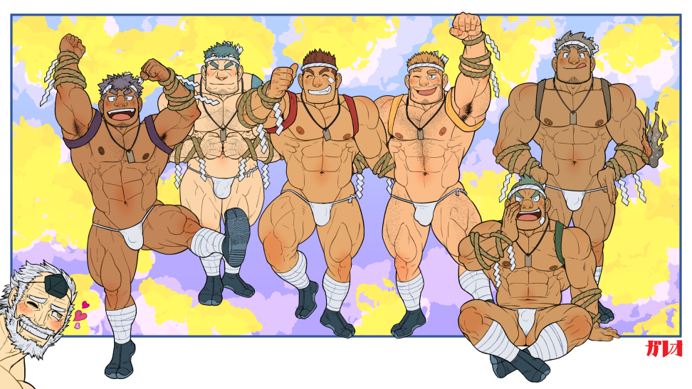 6+boys abs armpit_hair armpits ass_visible_through_thighs bara beard blonde_hair blue_hair blush body_hair brown_hair bulge character_request cheering chest_hair facial_hair festival flexing full_body fundoshi galeoria grey_hair hachimaki hairy headband hogen_(tokyo_houkago_summoners) japanese_clothes licking_lips looking_at_viewer male_focus male_harem male_pubic_hair multiple_boys muscle navel nipples old old_man one_eye_closed pectorals peeking_out pose pubic_hair rope short_hair smile stubble tenjin_(tokyo_houkago_simmoners) thick_thighs thighs tokyo_houkago_summoners tongue tongue_out underwear underwear_only white_male_underwear