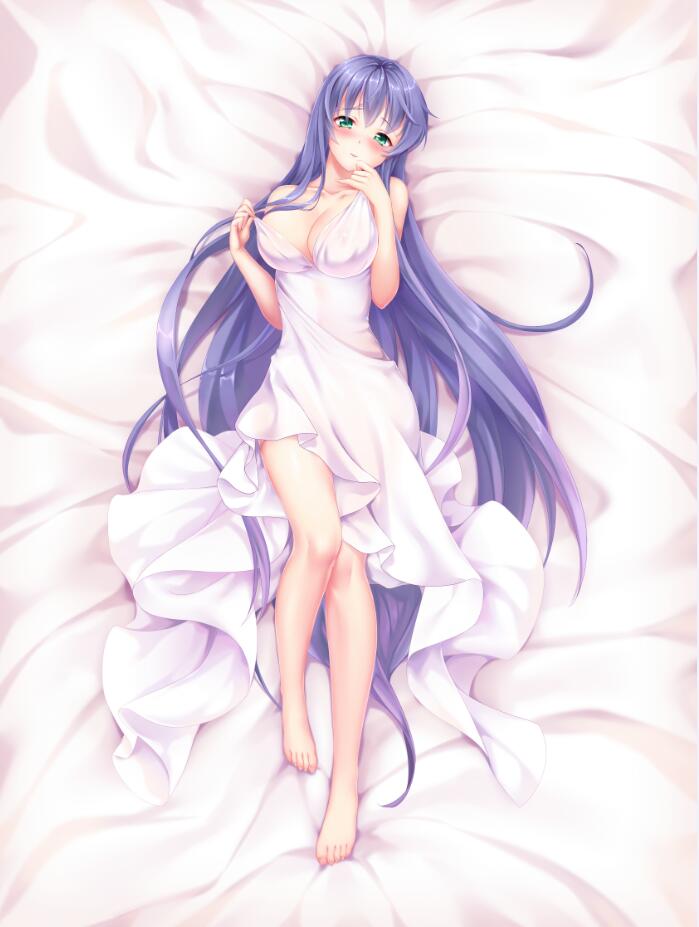 1girl athena_(saint_seiya) bare_legs barefoot blue_hair blush breasts choker cirnos dakimakura_(medium) dress dress_pull green_eyes kido_saori large_breasts long_hair open_mouth saint_seiya see-through solo