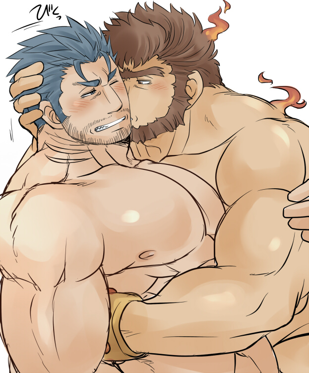2boys bara beard blue_eyes blue_hair blush bracelet cheek_kiss completely_nude couple facial_hair fins fire forked_eyebrows half-closed_eyes hand_on_another's_arm hand_on_another's_head hug jewelry jinn_(tokyo_houkago_summoners) kiss male_focus multiple_boys muscle nipples nude pectorals short_hair sideburns stubble sunfight0201 teeth tokyo_houkago_summoners triton_(tokyo_houkago_summoners) unibrow upper_body yaoi