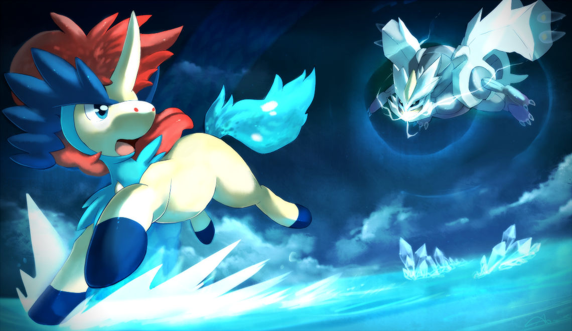 ambiguous_gender aonik blue_eyes cantering chasing cloud duo equid equine feral flying gallop hooves ice keldeo kyurem legendary_pok&eacute;mon looking_at_another looking_back mammal night nintendo pok&eacute;mon pok&eacute;mon_(species) power quadruped running sea video_games water