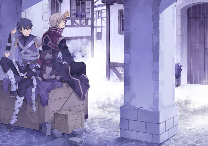 2boys assassin_(ragnarok_online) bandages bangs belt black_cat black_coat black_pants bow box brick brick_wall building bush cape cat closed_mouth coat cobblestone comiket_78 commentary_request dark_blue_hair door flower full_body glasses house kazunon looking_at_another looking_to_the_side male_focus multiple_boys open_mouth outdoors pants platinum_blonde_hair priest_(ragnarok_online) purple_cape purple_eyes purple_flower purple_shirt ragnarok_online rain red_bow red_coat shirt short_hair shutter sitting stone_walkway two-tone_coat waist_cape wildrose window