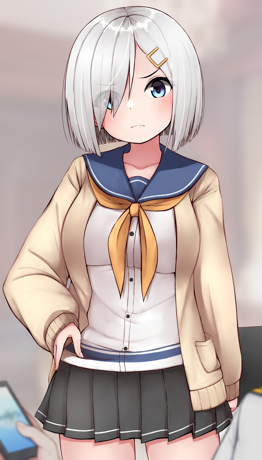 1girl 1other black_skirt blue_eyes blurry blush breasts buttons cardigan cellphone commentary_request depth_of_field hair_ornament hair_over_one_eye hairclip hamakaze_(kantai_collection) highres holding holding_phone kantai_collection large_breasts long_sleeves looking_at_viewer neckerchief phone pleated_skirt school_uniform serafuku short_hair silver_hair skirt smartphone solo_focus tiemu_(man190) yellow_neckwear