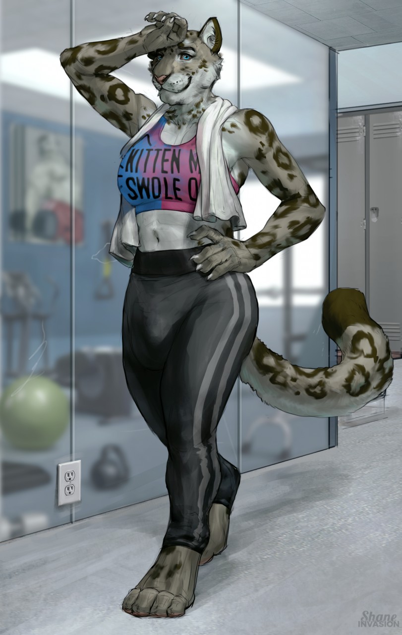 4_toes 5_fingers anthro black_body black_fur blue_eyes bottomwear bra breasts bulge claws clothing detailed_background digitigrade dipstick_tail english_text felid fingers fur grey_body grey_claws grey_fur gym gynomorph hand_on_hip hi_res inside intersex kettlebell locker looking_at_viewer mammal markings mirror multicolored_tail navel pantherine pants pink_nose power_outlet shaneinvasion signature smile snow_leopard solo sports_bra text text_on_bra text_on_clothing text_on_underwear toes towel towel_around_neck underwear vesna walking
