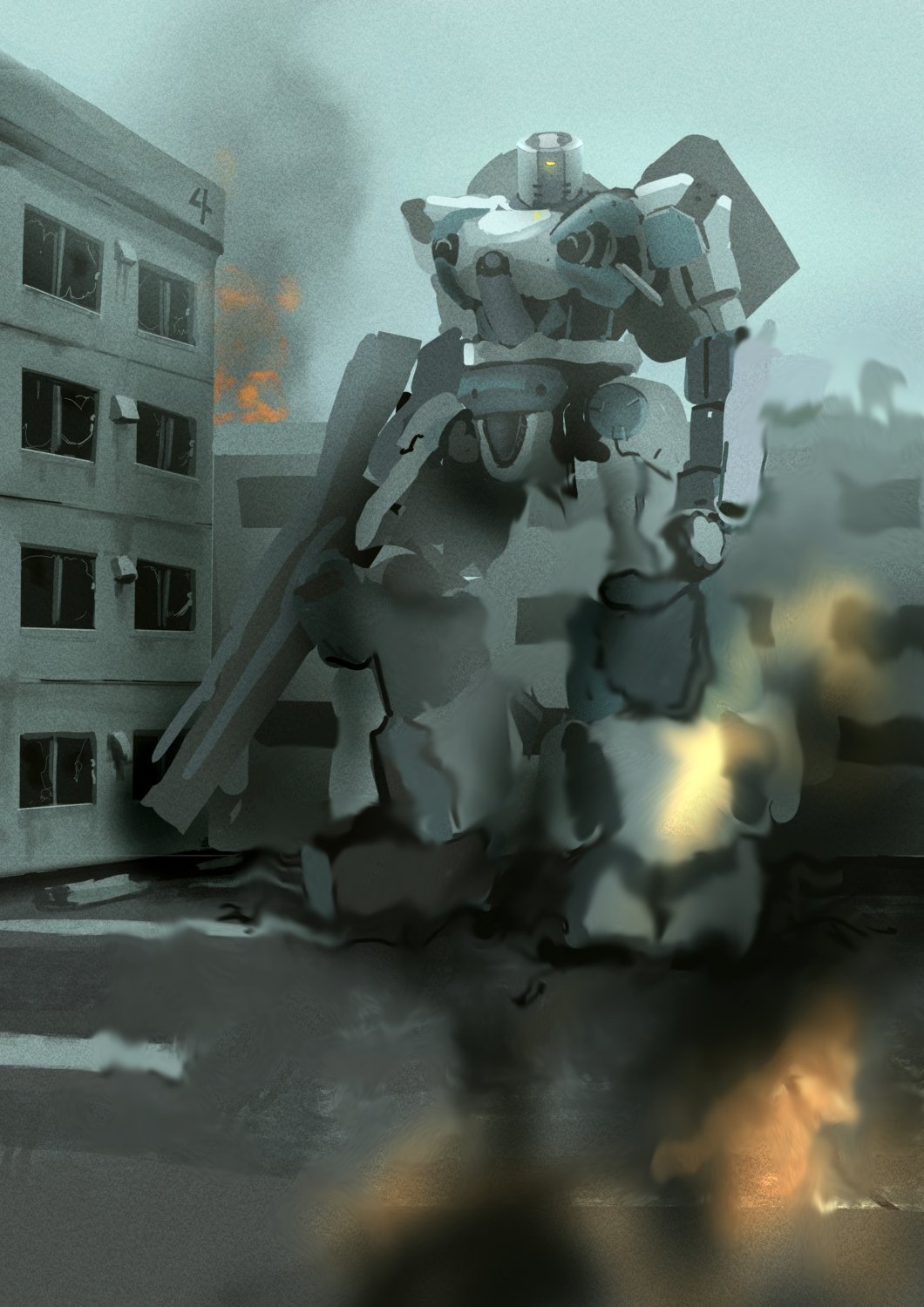 clenched_hand fire gun highres holding holding_gun holding_weapon kusami_toka_naku_au looking_at_viewer mecha no_humans one-eyed original science_fiction smoke solo standing weapon