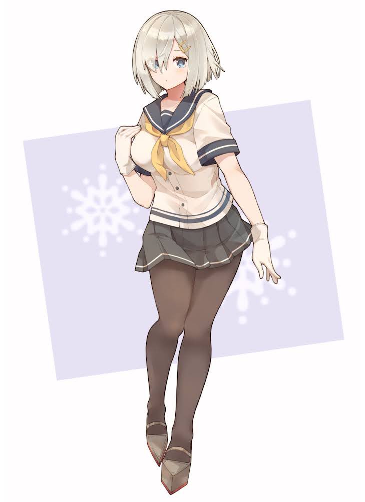 1girl black_legwear blue_eyes full_body gloves grey_sailor_collar grey_skirt hair_ornament hair_over_one_eye hairclip hamakaze_(kantai_collection) kantai_collection looking_at_viewer neckerchief pantyhose pleated_skirt sailor_collar school_uniform serafuku shakemi_(sake_mgmgmg) short_hair short_sleeves silver_hair skirt solo white_gloves yellow_neckwear