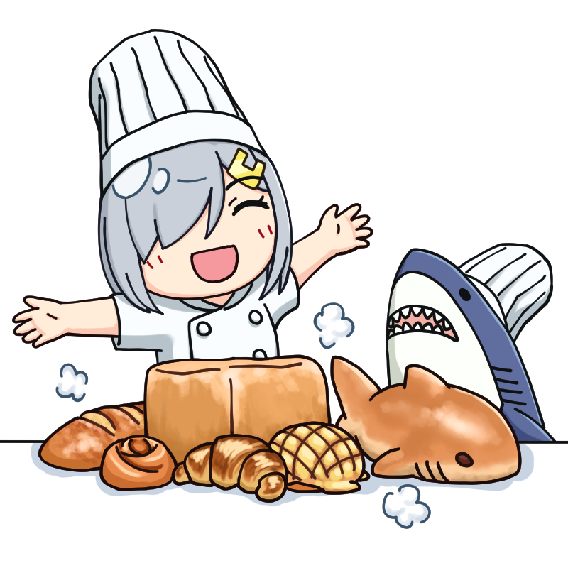 1girl 3toshinhmkz bread chef_hat chef_uniform closed_eyes commentary food hair_ornament hair_over_one_eye hairclip hamakaze_(kantai_collection) hat kantai_collection outstretched_arms shark short_hair silver_hair simple_background toque_blanche upper_body white_background