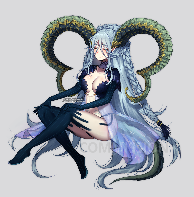 1girl blue_legwear blush braid breasts closed_eyes closed_mouth commentary commission curled_horns english_commentary fate/grand_order fate_(series) grey_background grey_hair hair_between_eyes horns invisible_chair large_breasts long_hair long_horns shrug_(clothing) simple_background sitting smile solo terupancake thighhighs tiamat_(fate/grand_order) twitter_username very_long_hair watermark