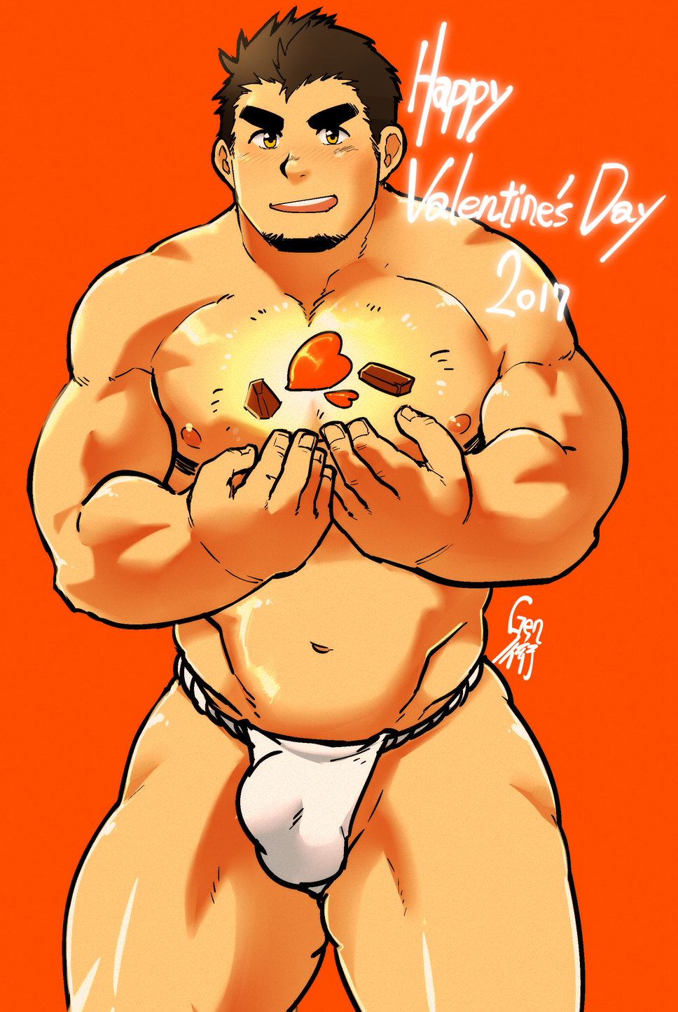 1boy bara belly blush brown_hair bulge candy chocolate chocolate_heart cowboy_shot facial_hair food fundoshi goatee happy_valentine heart higemorigen highres japanese_clothes looking_at_viewer male_focus muscle navel nipples original pectorals plump short_hair solo thick_eyebrows thick_thighs thighs underwear underwear_only