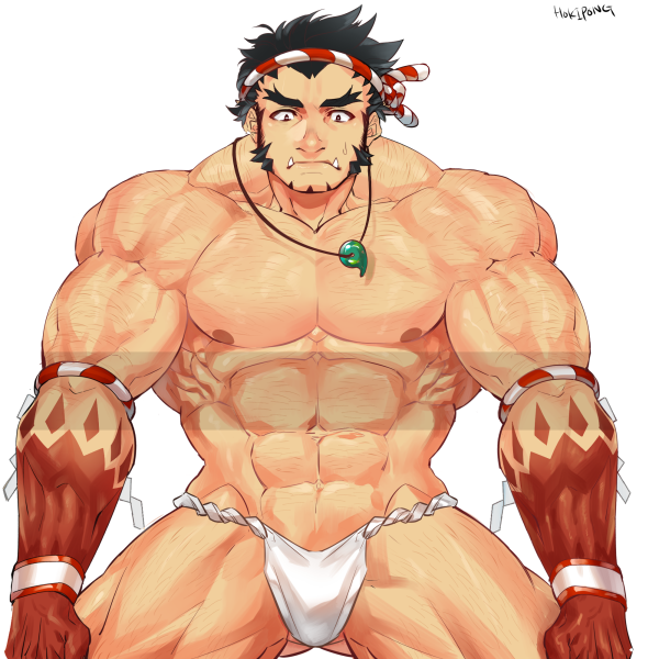 1boy abs bara beard black_hair bulge cowboy_shot facial_hair fangs forked_eyebrows fundoshi hachimaki headband hoki japanese_clothes magatama magatama_necklace male_focus muscle navel nejiri_hachimaki nipples pectorals short_hair solo spread_legs sweatdrop tajikarao_(tokyo_houkago_summoners) thick_eyebrows thick_thighs thighs tokyo_houkago_summoners underwear underwear_only white_background white_male_underwear