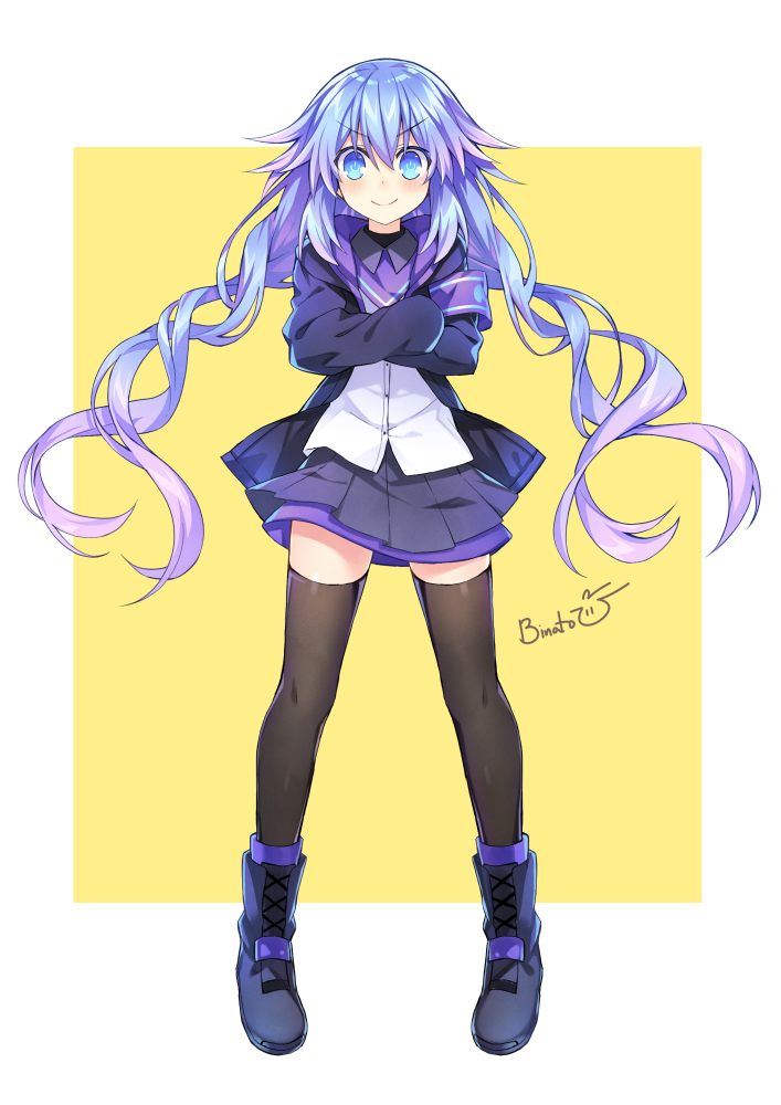 1girl alternate_costume armband artist_name binato_lulu black_legwear blue_eyes braid breasts crossed_arms eyebrows_visible_through_hair full_body hair_between_eyes large_breasts long_hair long_sleeves looking_at_viewer miniskirt neptune_(series) next_purple power_symbol purple_hair sidelocks skirt smile solo symbol-shaped_pupils thighhighs twin_braids